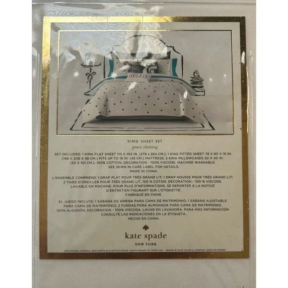 Kate Spade King Sheet Set Grace Sheeting Cotton Turquoise White NWT - Picture 2 of 4